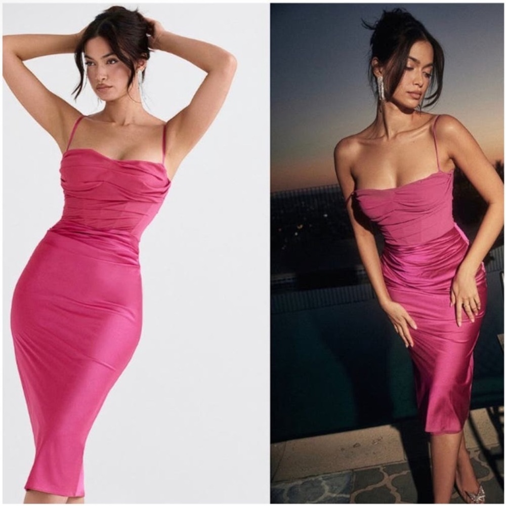 House of CB 'Teia' Hot Pink Draped Corset Midi Dress NWT size small